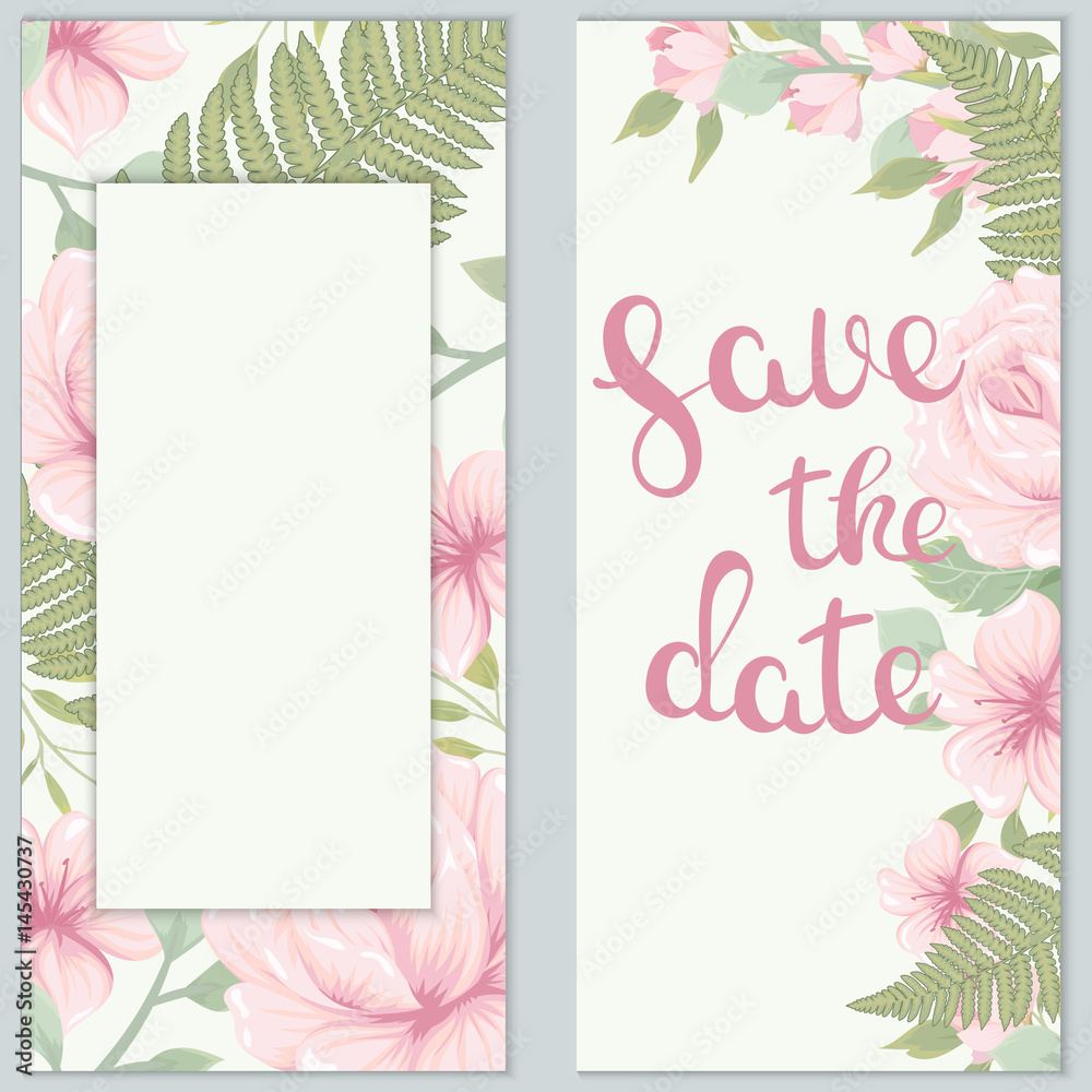 Vector wedding invitations set with the delicate pink flowers. Romantic tender floral design for wedding invitation