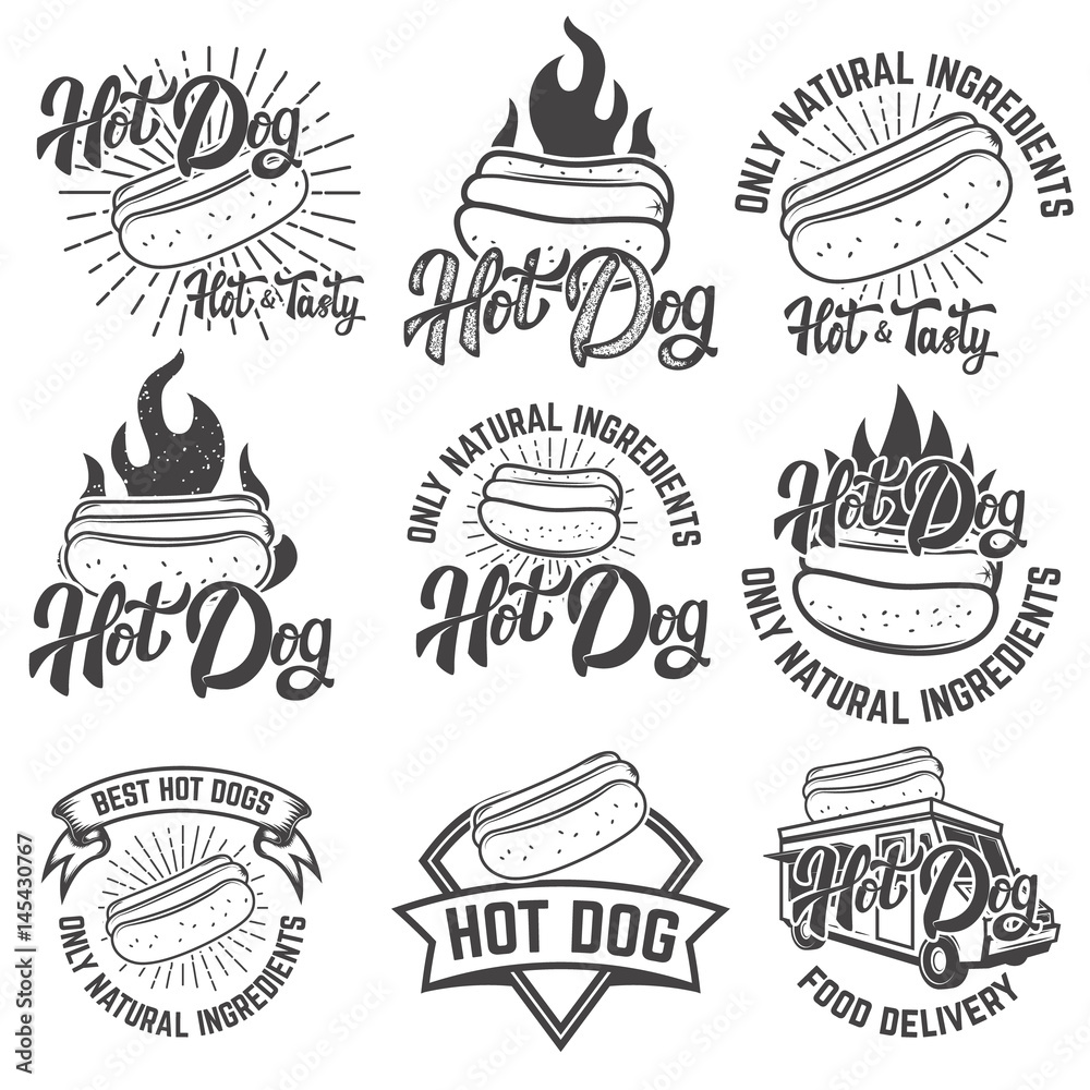 hot dog labels. Handwritten lettering logo, label, badge. Isolated on white background. Vector ...