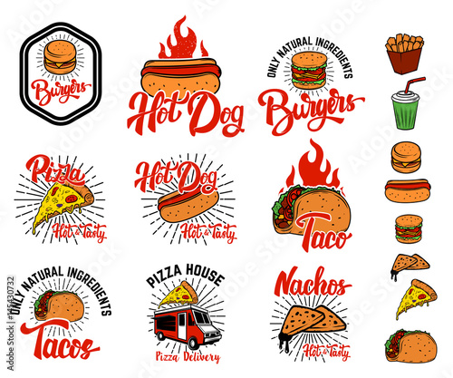 Set of hand drawn fast food emblems. Pizza, hot dog, burgers, taco, nachos. Design elements for logo, label, emblem, sign, menu, poster. Vector illustration