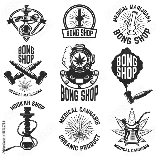 Hookah shop. Bong shop. Cannabis. Images for logo, label, emblem, sign, poster. Vector illustration.