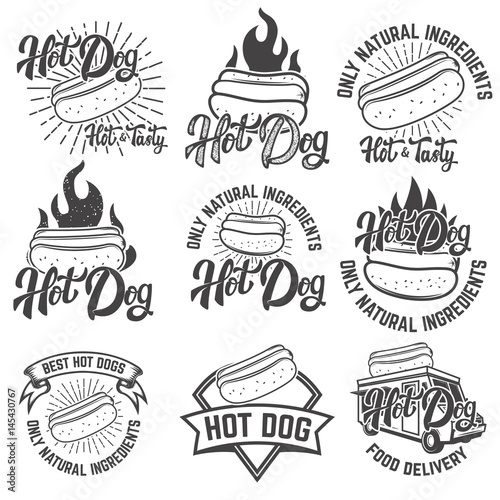hot dog labels. Handwritten lettering logo, label, badge. Isolated on white background. Vector illustration.