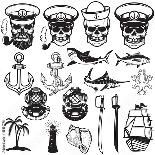 Set of nautical elements. Anchor, fish, shark, ship, octopus. Sailors skulls. Images for logo, label, emblem, sign, poster. Vector illustration.