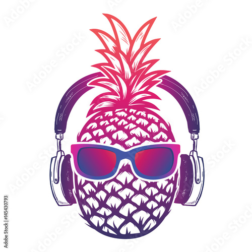 Pineapple with sunglases and headphones. Summer consept. Vector illustration.
