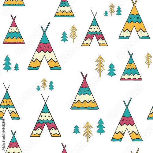 Seamless pattern with hand drawn wigwams and trees on white. Creative vector background in ethnic style.