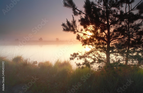 beautiful misty sunrise on lake