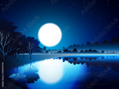 river reflect grassland and tree and mountain at night