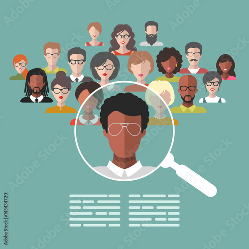 Vector concept of human resources management, professional staff research, head hunter job with magnifying glass.