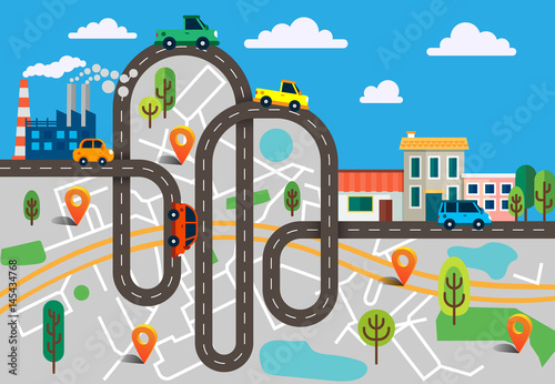 Colorful vector illustration with winding asphalt road and a lot