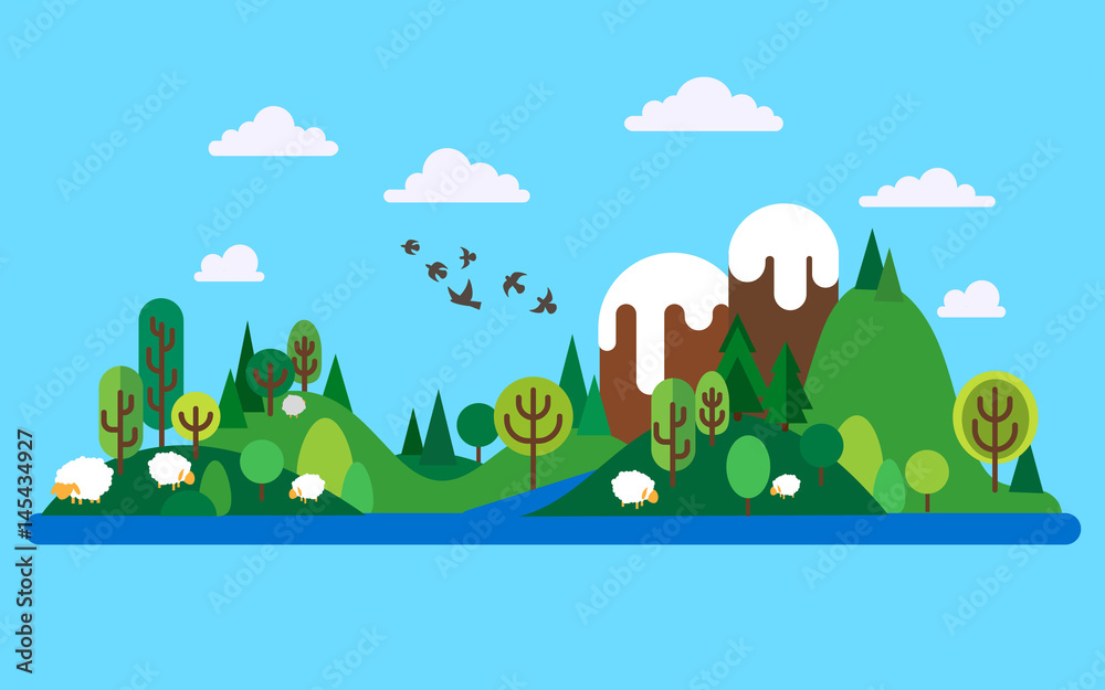 Naklejka premium Ecology concept in modern flat style. Land with green hills and 