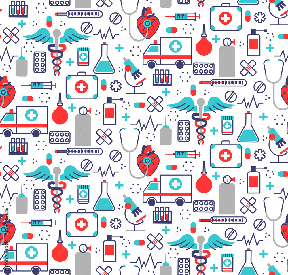 Health care seamless pattern in modern flat line style. A lot of