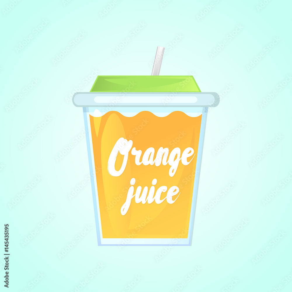 A glass of fresh orange juice in a glass bowl with a straw. Advertising of the product. Vector illustration. Isolated on a gradient background. A glass of fresh orange juice in a glass bowl with a straw. Advertising of the product. Vector illustration. Isolated on a gradient background.