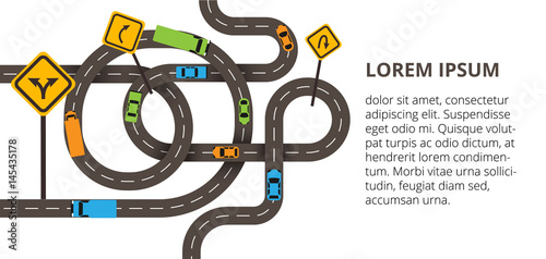 Vector illustration with winding roads and a lot of cars, trucks