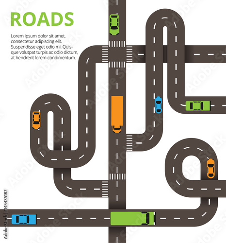 Roads junctions concept. Vector illustration with winding roads 