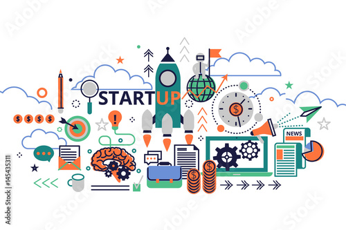 Vector illustration flat line design. Concept of startup project, from idea through planning and strategy, marketing, finance, to realization and success. Concept for web banners and printed materials
