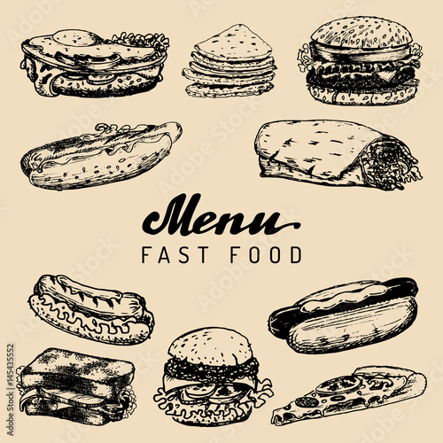 Fast food menu in vector. Burgers, hot dogs, sandwiches illustrations. Snack bar, street restaurant, cafe icons.