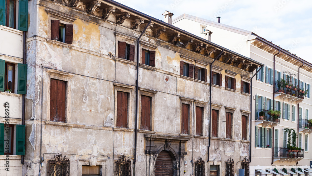 facade of old urban houses in Verona city