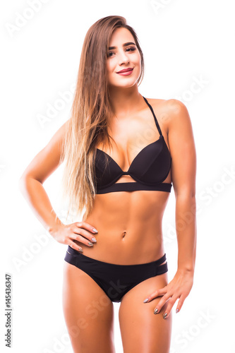 perfect skinny smiley isolated on white background, in black lingerie, swimwear, slim body © F8  \ Suport Ukraine