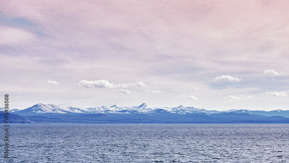 Color toned panoramic picture of the Yellowstone Lake, Yellowstone National Park, Wyoming, USA.