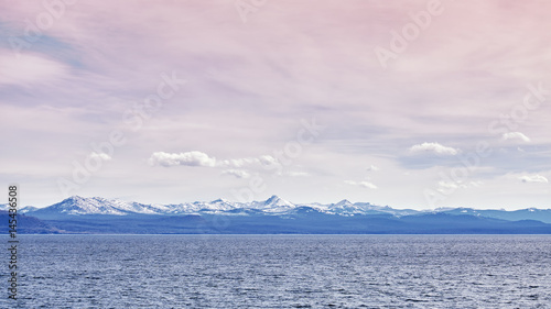 Color toned panoramic picture of the Yellowstone Lake, Yellowstone National Park, Wyoming, USA.