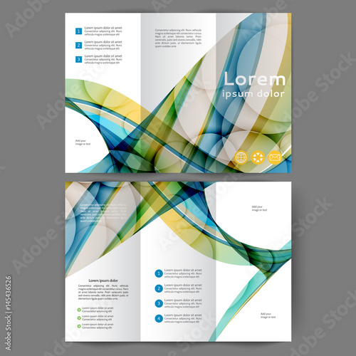 Color tri fold business brochure design with abstract lines and waves