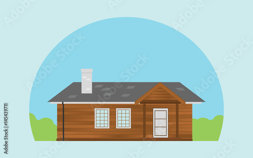 wood cabin illustration with green bush as background and blue sky - vector illustration