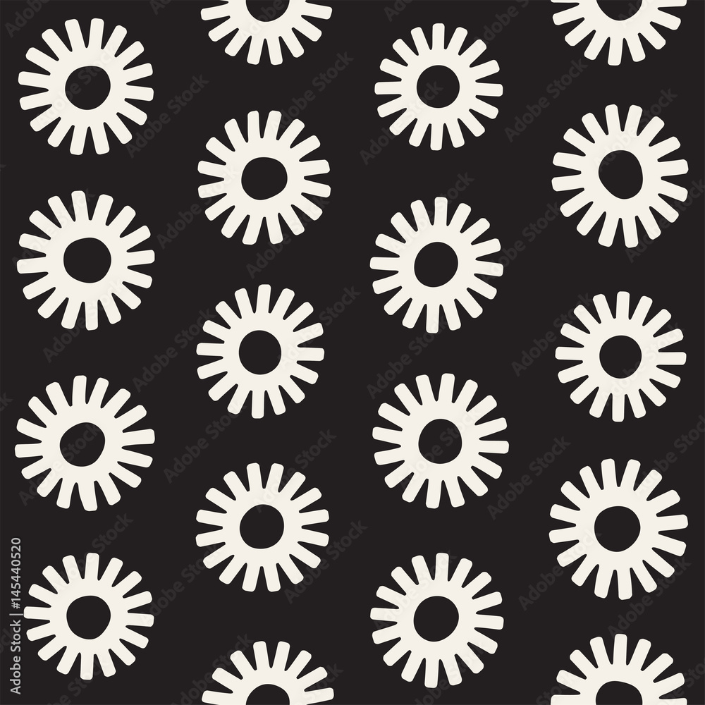 Vector seamless sunburst shapes freehand pattern. Abstract background with round brush strokes. Hand drawn texture