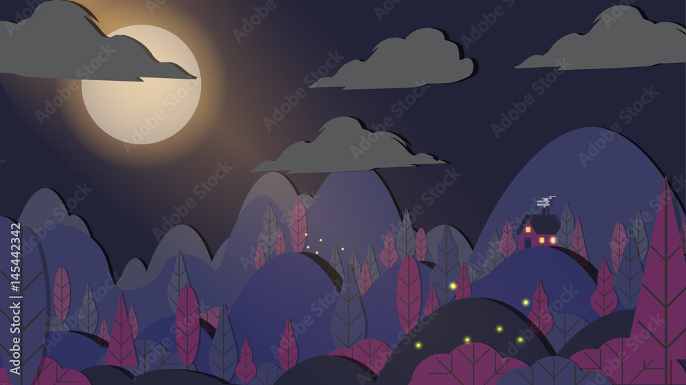 Paper-cut Style Applique Forest with Small House Night Landscape ...