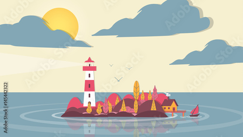Paper-cut Style Applique Lighthouse on Small Island with House and Trees - Vector Illustration.
