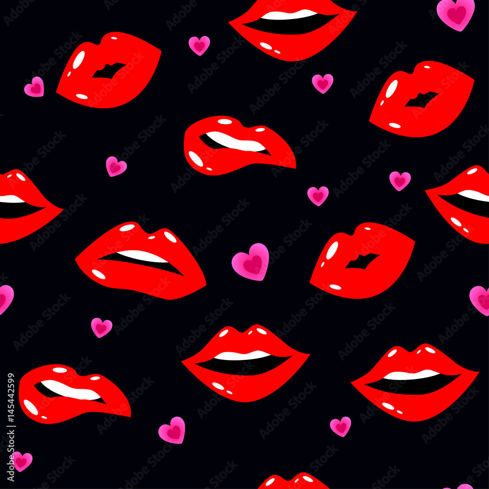 Female lips. Mouth with a kiss, smile, tongue, teeth, hearts on background. Vector comic seamless pattern in pop art retro style. Abstract seamless pattern for girls, boys, clothes. Female lips. Mouth with a kiss, smile, tongue, teeth, hearts on background. Vector comic seamless pattern in pop art retro style. Abstract seamless pattern for girls, boys, clothes.