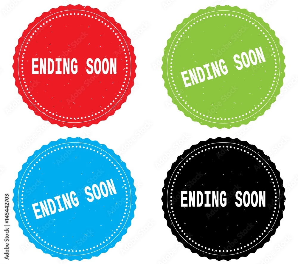 ENDING SOON text, on round wavy border stamp badge. ENDING SOON text, on round wavy border stamp badge.