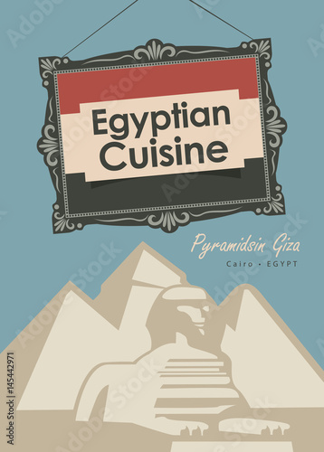 vector banner for a restaurant egyptian cuisine with egyptian flag and Pyramidsin Giza