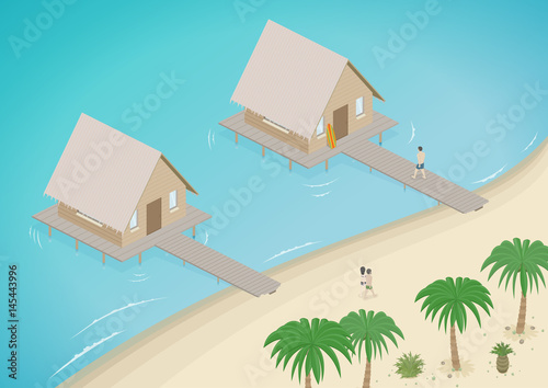 Tropical resort with bungalows on the beach and on the sea water. Love couple and surfer. Paradise hotel Isometric view. Vector illustration.