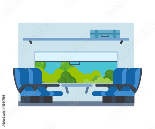Passenger train inside. Seat in railway transport. Travel by train.
