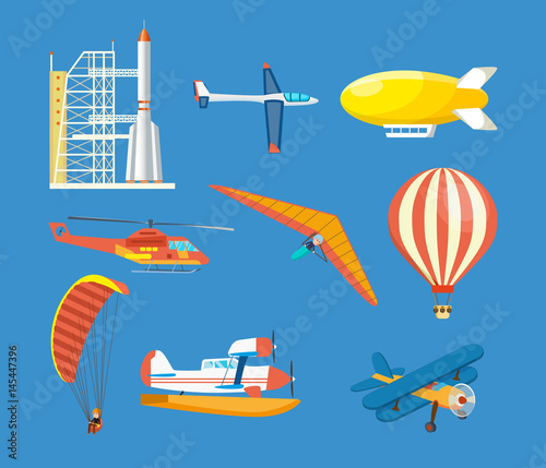 Vehicles: missile, hang-glider, helicopter, airship, balloon, paraglider, biplane, glider, aircraft.