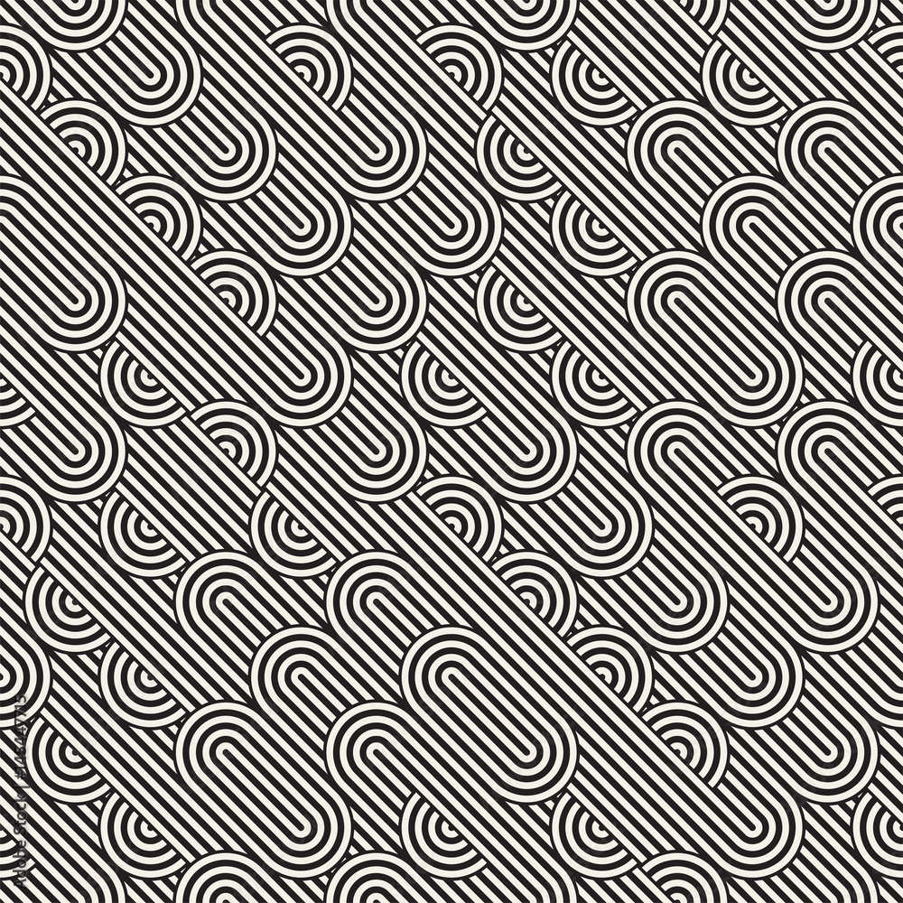 Seamless monochrome waving pattern. Abstract stripy background. Vector irregular round stripes design.