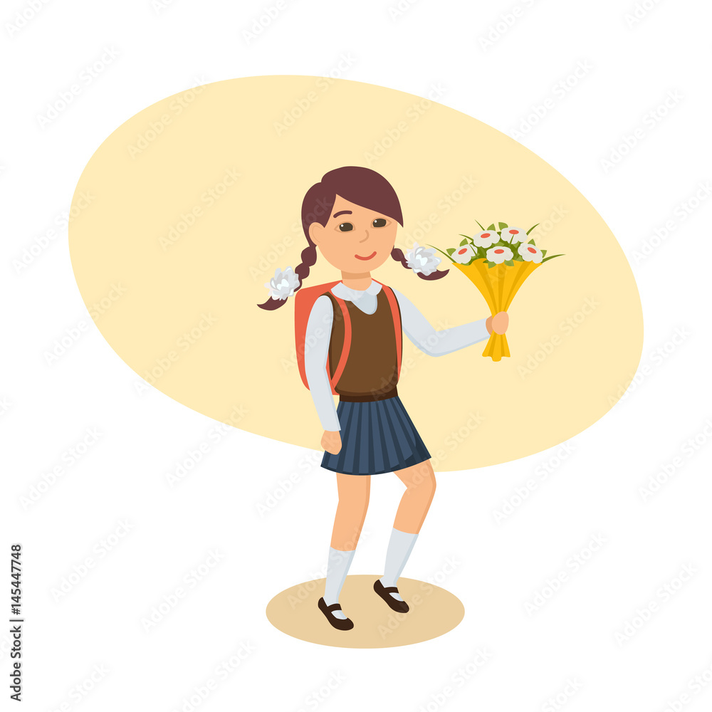 Girl in school uniform, with backpack, flowers, goes to school. Girl in school uniform, with backpack, flowers, goes to school.
