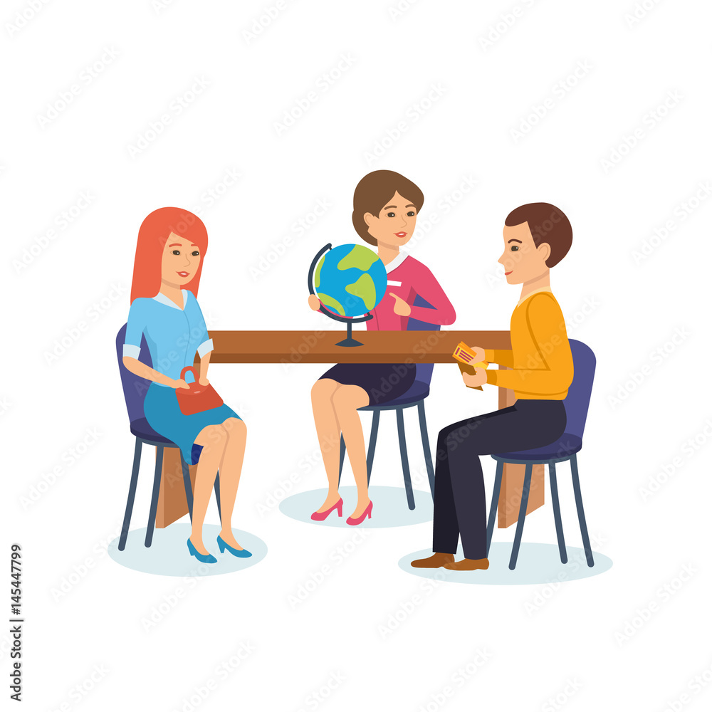 Couple came to travel agency employee, to choose travel point. Couple came to travel agency employee, to choose travel point.