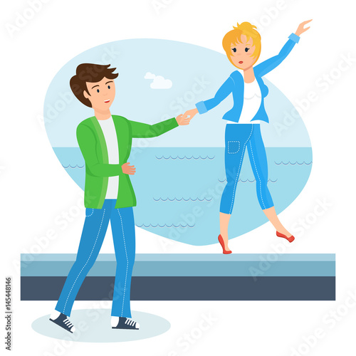 Loving couple on warm summer day, walks along the waterfront.