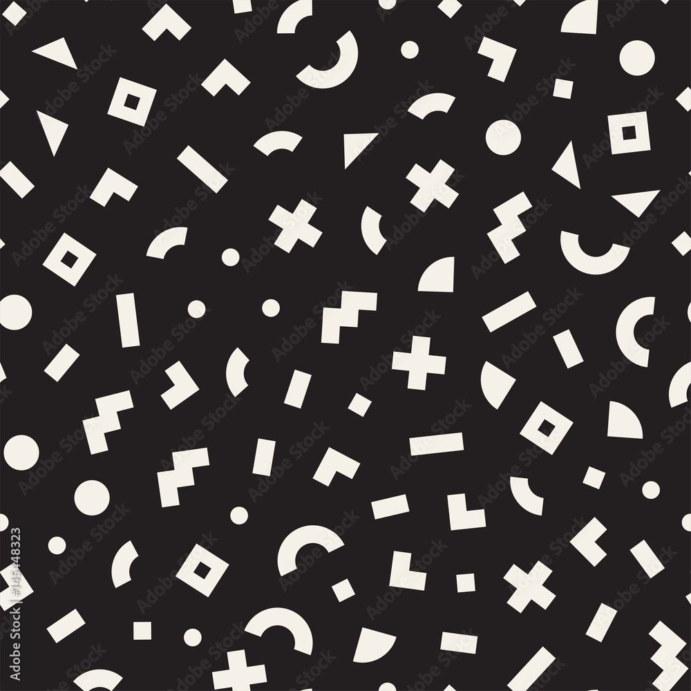 Scattered Geometric Shapes. Inspired by Memphis Style. Abstract Background Design. Vector Seamless Black and White Irregular Pattern. Scattered Geometric Shapes. Inspired by Memphis Style. Abstract Background Design. Vector Seamless Black and White Irregular Pattern.