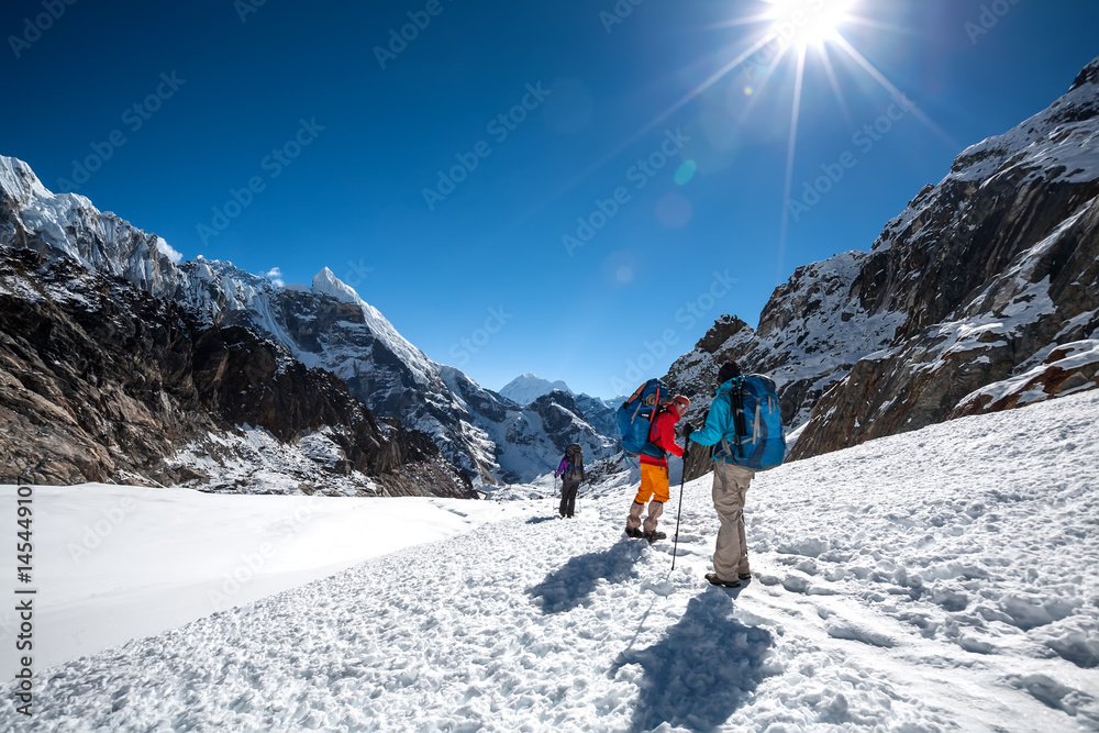 Trekkers crossing Cho La pass in Everest region, Nepal