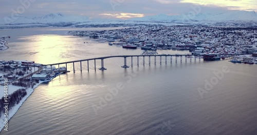 Drone shot of Tromsø city, Norway, bridge high