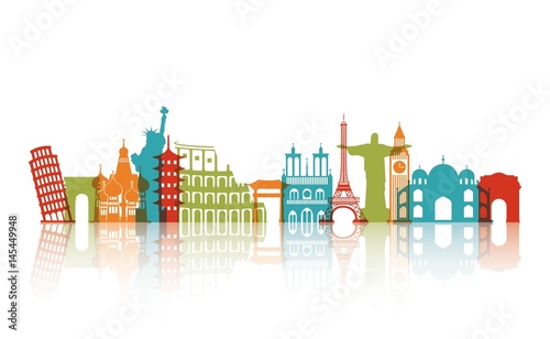 colorful iconis monuments of the world over white background. travel and tourism design. vector illustraiton