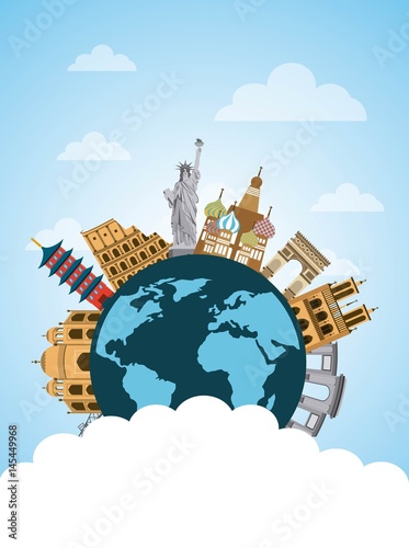 iconics monuments of the world around earth planet over sky background. travel and tourism design. vector illustraiton