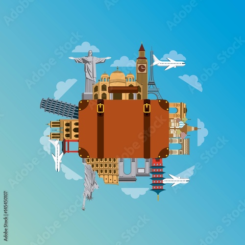 iconics monuments of the world around travel suitcase over sky background. travel and tourism design. vector illustraiton