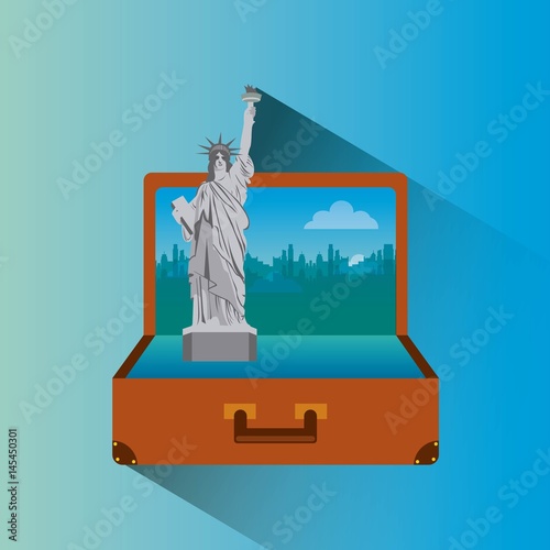 liberty statue inside brown suitcase. travel and tourism design. vector illustraiton