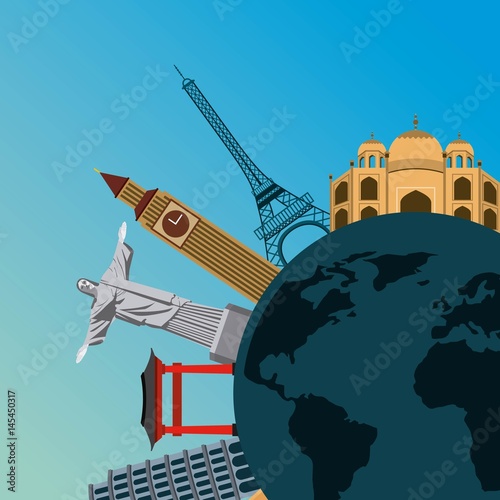 iconics monuments of the world around earth planet over blue background. travel and tourism design. vector illustraiton