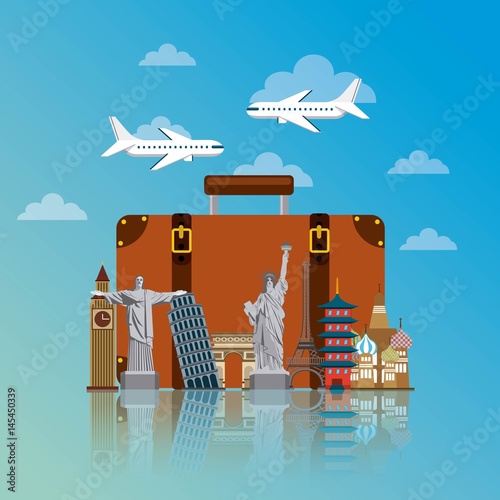 iconics monuments of the world around suitcase over sky background. travel and tourism design. vector illustraiton