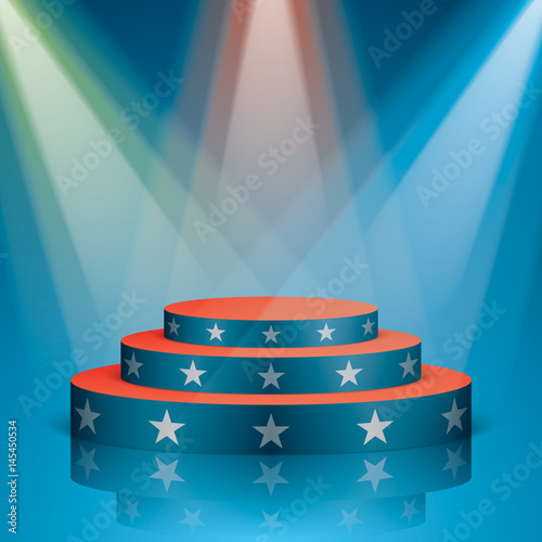 Blue vector stage with red stairs and white stars, isolated on background. Show scene with colorful lighting and reflection in a USA flag colors.