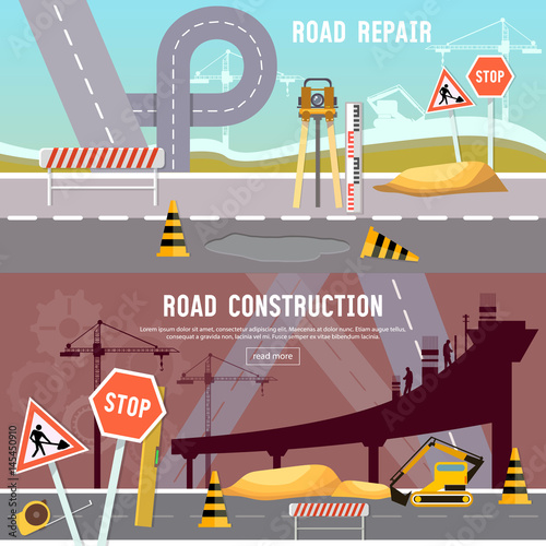 Road construction and road repair banner. Repair is expensive in the city. Road works construction and repair elements vector