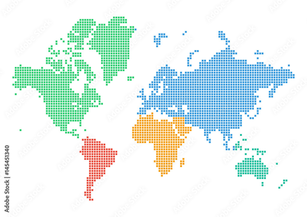 Colourful dotted world map of continents